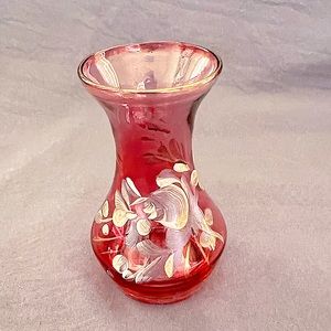 Antique Miniature Cranberry Glass Vase With Hand Painted Flowers- Mint Condition